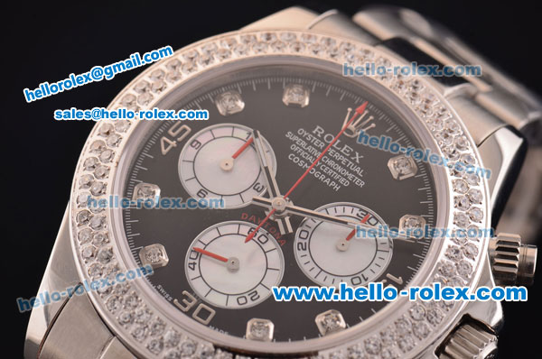 Rolex Daytona Swiss Valjoux 7750-SHG Automatic Steel Case/Strap with Double Row Diamond Bezel - Black Dial and Diamond Markers - Click Image to Close